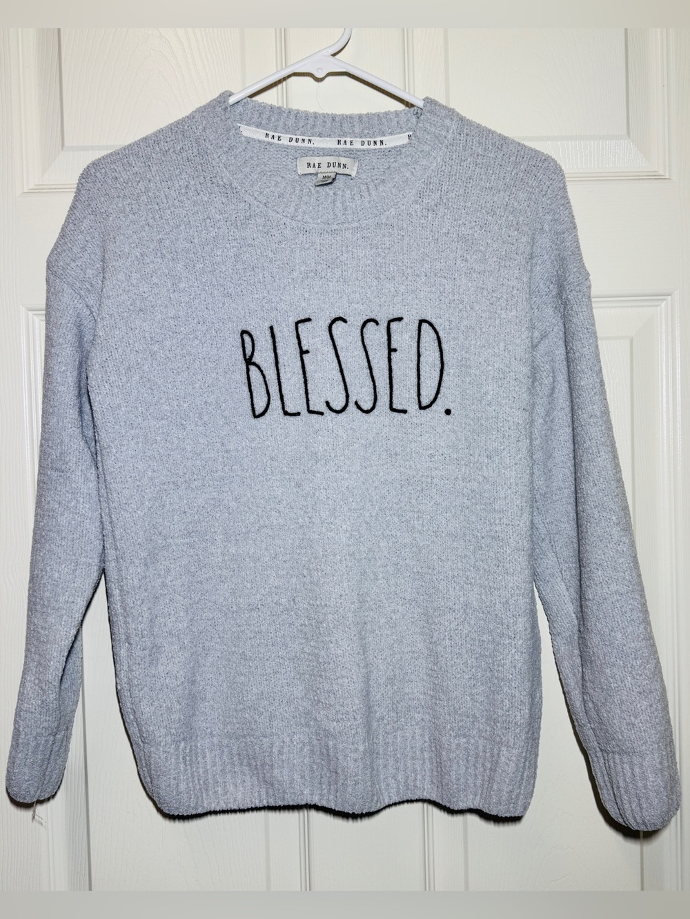 Rae Dunn Light Gray Knit Sweater with Black 'BLESSED.' Script